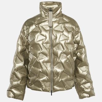 Emporio Armani Metallic Gold Synthetic Debossed Monogram Quilted Jacket
