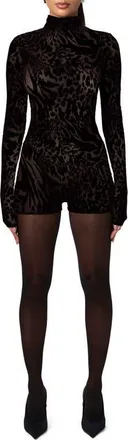 Naked Wardrobe Burnout Mock Neck Long Sleeve Romper in Black at Nordstrom, Size X-Small