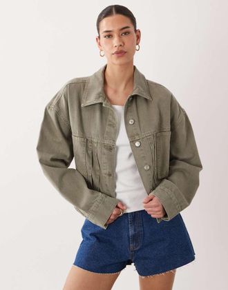 Asos Giacca in denim kaki con allacciatura sul retro-Verde