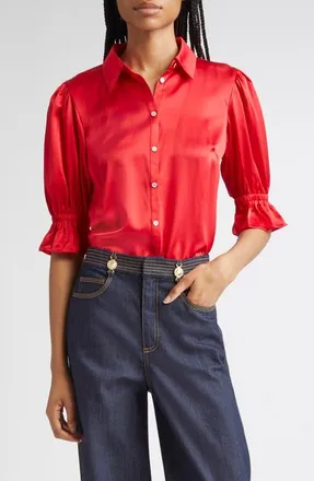 Cinq &agrave; Sept Fiona Ruffle Cuff Silk Button-Up Shirt in Red Sapphire at Nordstrom, Size Large
