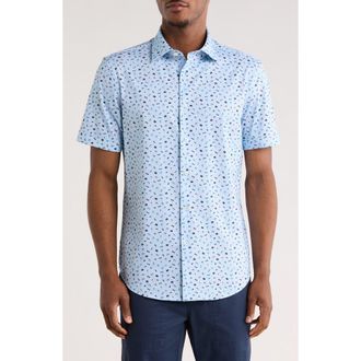 Bugatchi Print Short Sleeve Button-Up Shirt in Air Blue at Nordstrom Rack, Size Xxx-Large