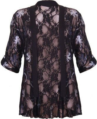 Purple Hanger Womens Turn Up Short Sleeve Ladies Metallic Foil Floral Print Lace Waterfall Front Open Cardigan Top Plus Size Silver and Black Size 20