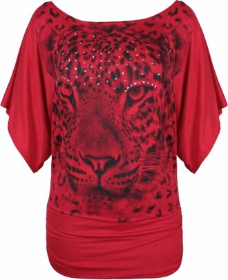 Purple Hanger New Ladies Leopard Tiger Animal Print Short Batwing Sleeve T-Shirt Womens Short Sleeve Printed Stretch Fit Top Plus Size Red Size 24-26