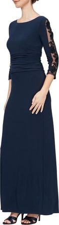 S.L. Fashions Ruched Waist Sheer Sleeve Gown in Navy at Nordstrom, Size 16