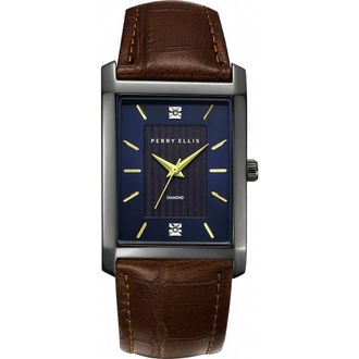 Perry Ellis Diamond Ultra Thin Faux Leather Strap Watch, 41mm in Gunmetal at Nordstrom Rack