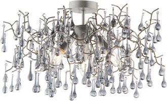 Loops Aged Silver Semi Flush Decorative Branch Ceiling Light - Tinted Glass Droplets