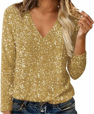 Generic Sequin Top for Women UK Sparkly Glitter Blouse Shiny Party Night Club Tunic Tops Elegant Long Sleeve V Neck Tops Ladies Baggy Loose Shirt Shimmer Wedd