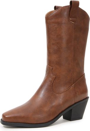Generic Womens Western Pointed Toe Faux Leather Cowboy Mid Calf Boots Chunky Heel Stylish Comfortable Slip Resistant Wear Resistant For Fashion Party Daily,Br