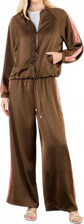 THML Clothing Ruffled Zip Up Track Jacket In Chocolate Brown