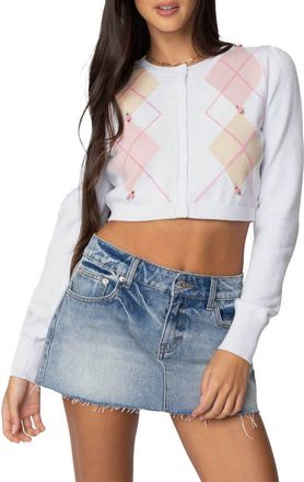 Edikted Francis Argyle Crop Cardigan in White at Nordstrom, Size X-Small