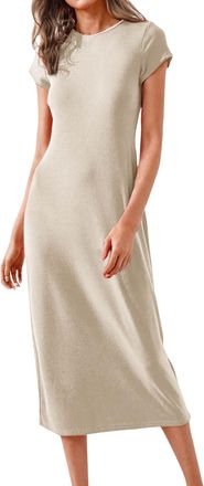 Generic Womens 2025 Summer Short Sleeve Tshirt Dress Crew Neck Basic Solid Casual Long Midi Dresses Beige