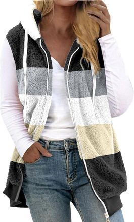 Generic Womens Teddy Fleece Gilets Solid Waistcoat Sherpa Fluffy Vest Body Warmer Lightweight Cozy Coat Ladies Winter Warm Colour Blocks Jacket Fuzzy Sleevele