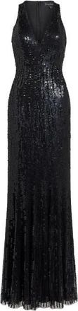 Jenny Packham Black Flower Sequined V-Neck Maxi Dress in Liquorice at Nordstrom, Size 14 Uk