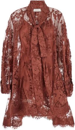 Zimmermann Bordeaux Chantilly Lace Dress V-Neck - female - Zimmermann - Short Dresses - Red - XS - Dresses