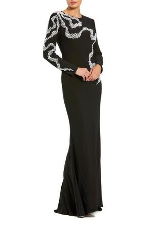 Mac Duggal Beaded Swirl Appliqu&eacute; Gown in Black at Nordstrom, Size 10