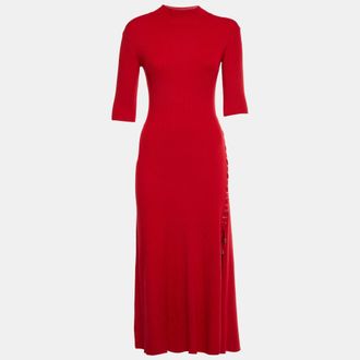 Maje Red Rib Knit Lace Detail Midi Dress