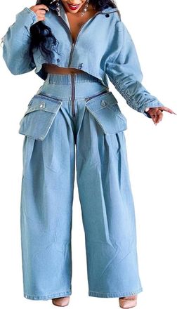 Generic Womens Fall 2 Piece Outfits Zip Up Long Sleeve Crop Jean Jacket Wide Leg Cargo Pants Suit Denim Set (Blue,S)