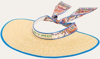 Etro Logo Straw Visor with Paisley-Print Ties