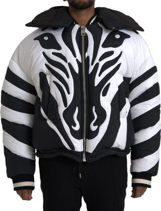 Dolce & Gabbana Black White Stripes Hooded Puffer Mens Jacket