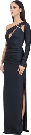 Amen Zwarte One-Shoulder Lange Jurk met Cut-Out Detail - Dames - Avondkleed - Zwart - 2XS - Kleedjes