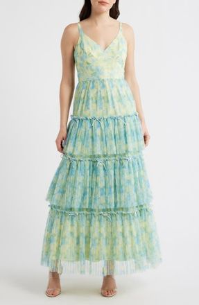 Hutch Madi Tiered Bow Gown in Ivory /Sky Watercolor at Nordstrom, Size 12