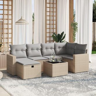 vidaXL Juego De Sof&aacute;s Jard&iacute;n Con Cojines Beige Mezcla 7 Pzas Rat&aacute;n Pe Vidaxl