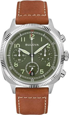 Bulova Military VWI Chronograph Leather Strap Watch, 42.5mm in Brown at Nordstrom