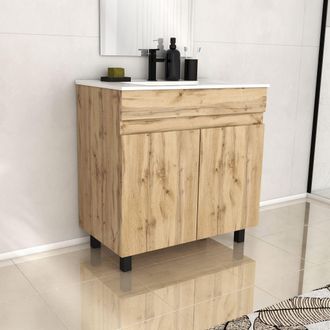 Aurlane Mobile Bagno 80cm 2 Anterovere Naturale + Lavabo Ceramica Bianca - Timber 80