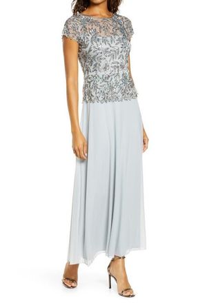 Pisarro Nights Beaded Mesh Mock Two-Piece Gown in Ice at Nordstrom, Size 10