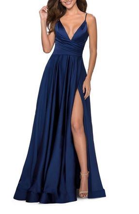 La Femme Long Satin Dress with Side Slit and V Shaped Back in Navy at Nordstrom, Size 20