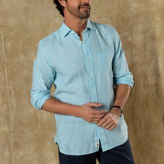 Duck Head Fenton Plaid Linen Poplin Sport Shirt In Lake Blue