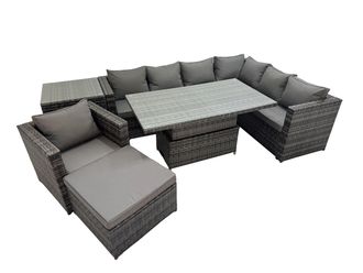 Fimous 8 Seater Rattan Corner Sofa Sets with Chair Big Stools Side Table in Dark Grey