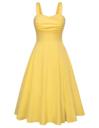 Belle Poque Women Graduation Dress Vintage 80s Swing A Line Knee Length Dresses with Pockets Yellow XL