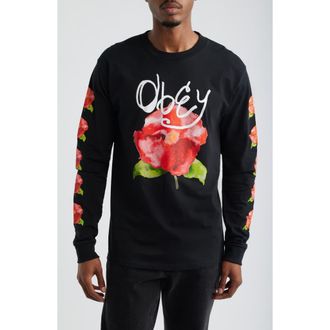 Obey Watercolor Poppy Long Sleeve Cotton Graphic T-Shirt in Black at Nordstrom, Size Xx-Large