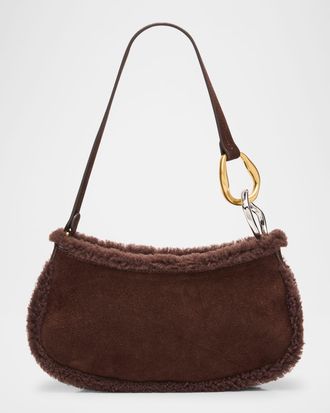 Staud Ollie Shearling-Trim Suede Shoulder Bag