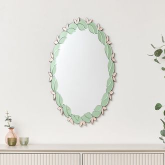 Melody Maison Pink & Green Oval Floral Art Deco Wall Mirror 80cm X 49cm | Size: 80 cm X 49 cm