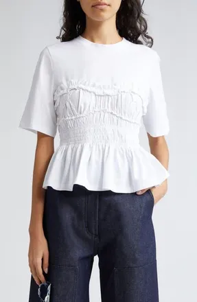 Cecilie Bahnsen Vilde Smocked Ruffle Jersey T-Shirt in White at Nordstrom, Size Medium