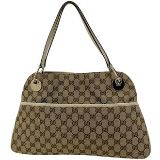 Gucci Gg Canvas Beige Ivory Gg Canvas Leather Tote Bag (Pre-Owned)