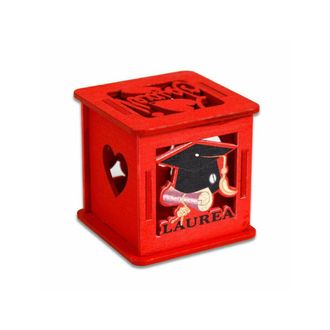 Trade Shop Trade Shop - Scatolina Cubo In Legno Rosso Con Coperchio Porta Confetti Bomboniera Per Laurea