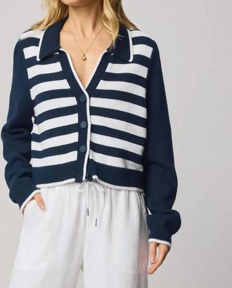 Splendid Nicolette Striped Polo Cardigan In Navy/white