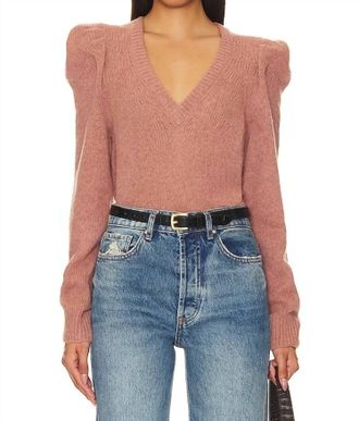 Nation Ltd Lara Puff Shoulder V-Neck Sweater In Flush Pink