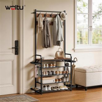 Woltu Woltu Perchero 4 En 1 Con Zapatero, 9 Ganchos Dobles, 4 Bandejas Laterales Extra&iacute;bles, Marr&oacute;n R&uacute;stico + Negro
