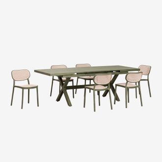 Sklum Set De Mesa Rectangular 180-240x90 Cm Extensible En Aluminio Karena Y 6 Sillas De Comedor Apilables En Polipropileno Omara Sklum