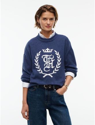 Tommy Hilfiger Womens Intarsia Laurel Leaf Logo Sweater - Blue - XXL