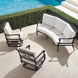 Frontgate Carlisle 3-pc. Curved Sofa Set in Onyx Aluminum - Standard, Rumor Slate with Rumor Vanilla Piping - Frontgate