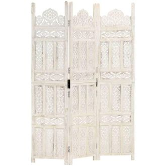 vidaXL Biombo 3 Paneles Tallado A Mano Madera Mango Blanco 120x165 Cm Vidaxl