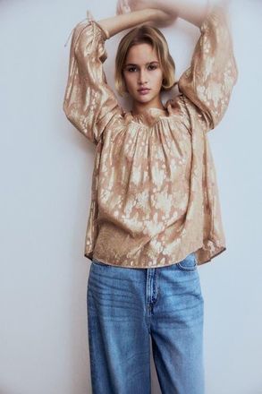 H&M Oversized Jacquard-weave Blouse in Beige/patterned at Nordstrom, Size Medium