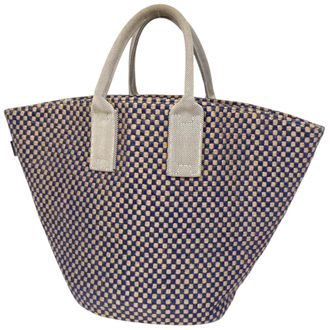 Herm&egrave;s Beige Blue Linen Handbag Tote Bag (Pre-Owned)