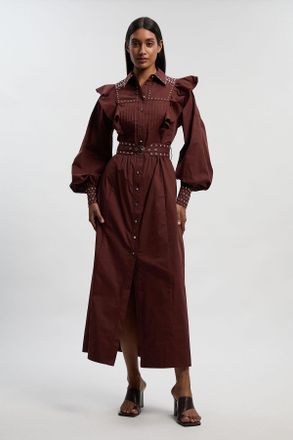 Karen Millen Womens Cotton Sateen Drama Sleeve Studded Woven Maxi Shirt Dress - Chocolate - Size 10 UK