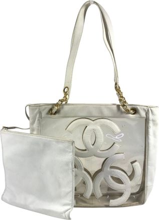 Chanel White Vinyl Leather Shoulder Bag Tote Bag (Pre-Owned)